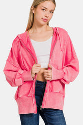 Zenana Women's Acid Washed French Terry Zip-Up Hoodie with Pockets and Adjustable Drawstring
